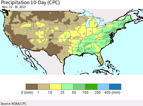 United States Precipitation 10-Day (CPC) Thematic Map For 11/21/2023 - 11/30/2023