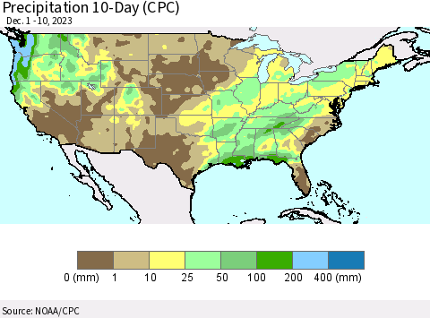 United States Precipitation 10-Day (CPC) Thematic Map For 12/1/2023 - 12/10/2023