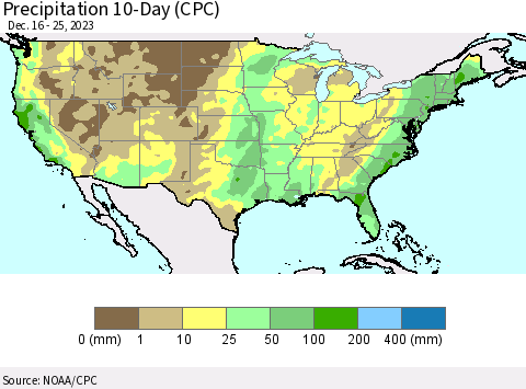 United States Precipitation 10-Day (CPC) Thematic Map For 12/16/2023 - 12/25/2023