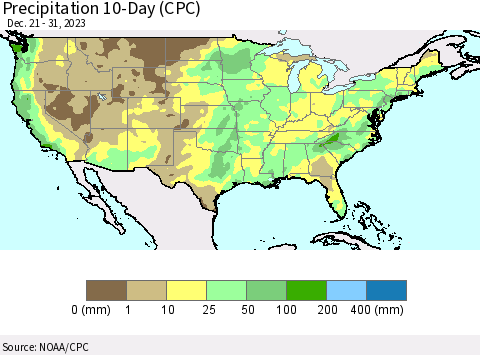 United States Precipitation 10-Day (CPC) Thematic Map For 12/21/2023 - 12/31/2023