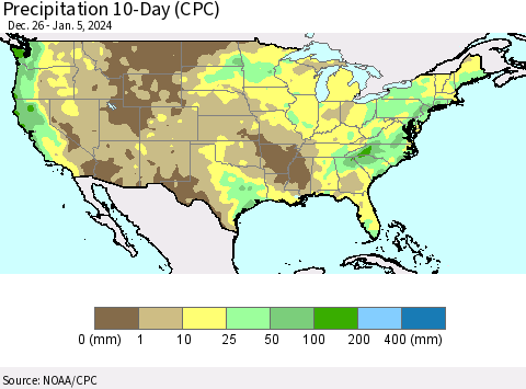United States Precipitation 10-Day (CPC) Thematic Map For 12/26/2023 - 1/5/2024