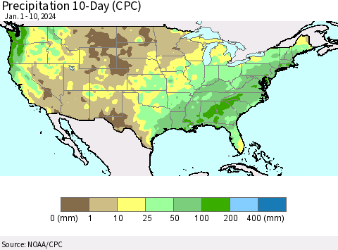 United States Precipitation 10-Day (CPC) Thematic Map For 1/1/2024 - 1/10/2024