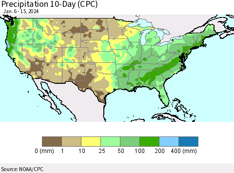 United States Precipitation 10-Day (CPC) Thematic Map For 1/6/2024 - 1/15/2024