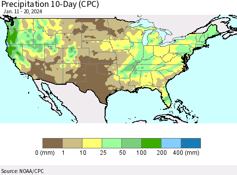 United States Precipitation 10-Day (CPC) Thematic Map For 1/11/2024 - 1/20/2024