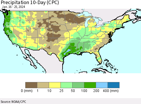 United States Precipitation 10-Day (CPC) Thematic Map For 1/16/2024 - 1/25/2024