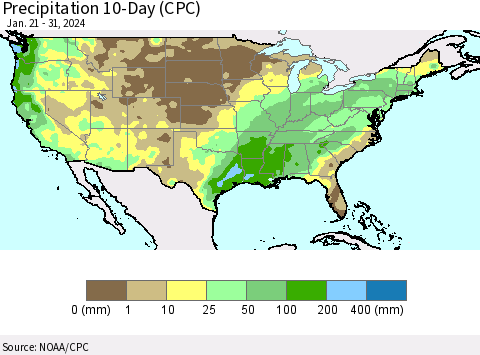 United States Precipitation 10-Day (CPC) Thematic Map For 1/21/2024 - 1/31/2024