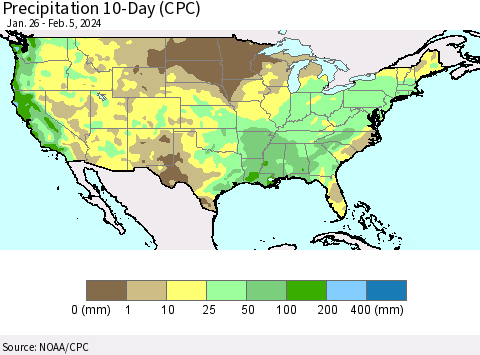 United States Precipitation 10-Day (CPC) Thematic Map For 1/26/2024 - 2/5/2024