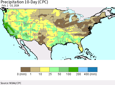 United States Precipitation 10-Day (CPC) Thematic Map For 2/1/2024 - 2/10/2024