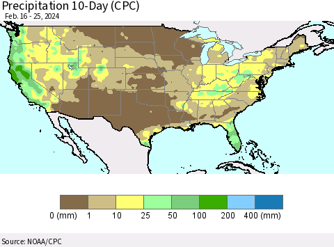 United States Precipitation 10-Day (CPC) Thematic Map For 2/16/2024 - 2/25/2024