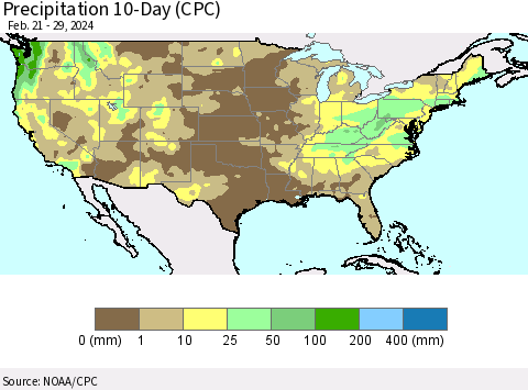 United States Precipitation 10-Day (CPC) Thematic Map For 2/21/2024 - 2/29/2024