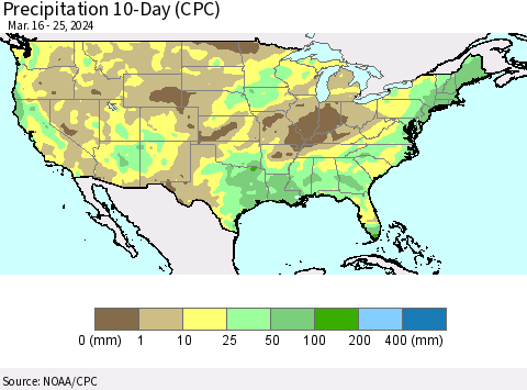 United States Precipitation 10-Day (CPC) Thematic Map For 3/16/2024 - 3/25/2024