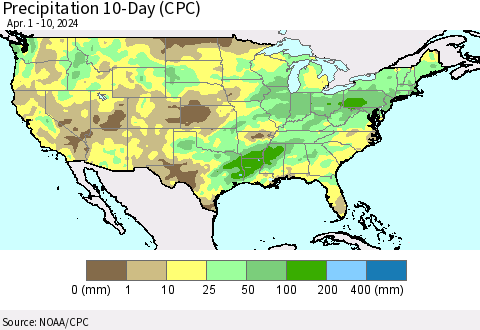 United States Precipitation 10-Day (CPC) Thematic Map For 4/1/2024 - 4/10/2024