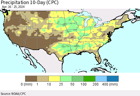 United States Precipitation 10-Day (CPC) Thematic Map For 4/16/2024 - 4/25/2024