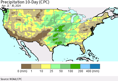 United States Precipitation 10-Day (CPC) Thematic Map For 4/21/2024 - 4/30/2024