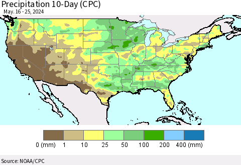 United States Precipitation 10-Day (CPC) Thematic Map For 5/16/2024 - 5/25/2024