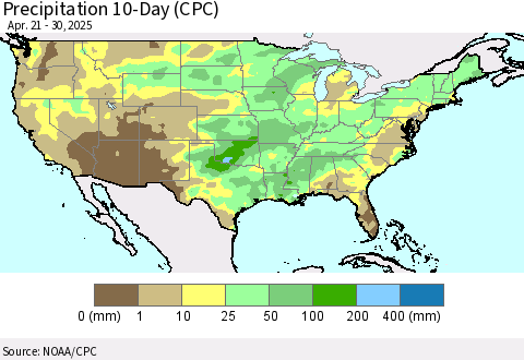 United States Precipitation 10-Day (CPC) Thematic Map For 4/21/2025 - 4/30/2025