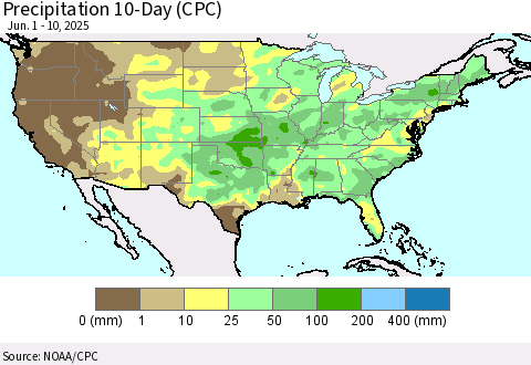 United States Precipitation 10-Day (CPC) Thematic Map For 6/1/2025 - 6/10/2025