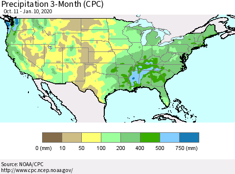 United States Precipitation 3-Month (CPC) Thematic Map For 10/11/2019 - 1/10/2020