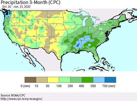United States Precipitation 3-Month (CPC) Thematic Map For 10/16/2019 - 1/15/2020