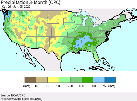 United States Precipitation 3-Month (CPC) Thematic Map For 10/26/2019 - 1/25/2020