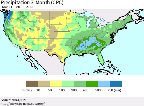 United States Precipitation 3-Month (CPC) Thematic Map For 11/11/2019 - 2/10/2020