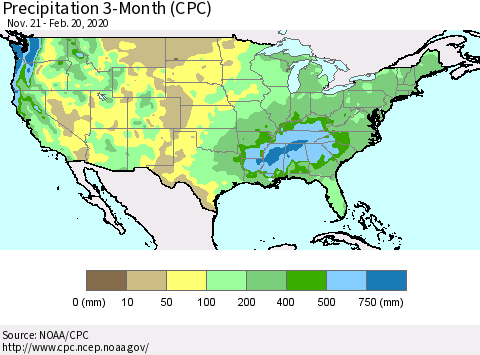 United States Precipitation 3-Month (CPC) Thematic Map For 11/21/2019 - 2/20/2020
