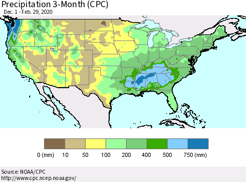 United States Precipitation 3-Month (CPC) Thematic Map For 12/1/2019 - 2/29/2020
