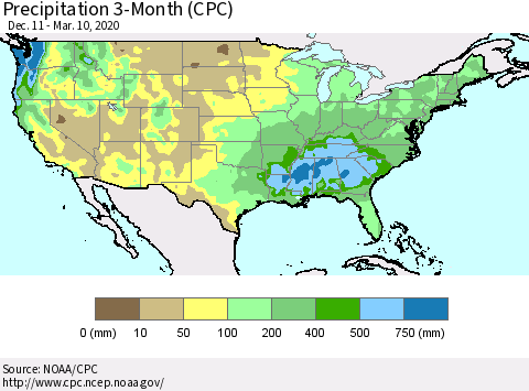 United States Precipitation 3-Month (CPC) Thematic Map For 12/11/2019 - 3/10/2020