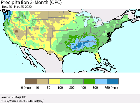 United States Precipitation 3-Month (CPC) Thematic Map For 12/26/2019 - 3/25/2020