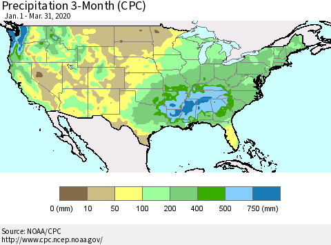 United States Precipitation 3-Month (CPC) Thematic Map For 1/1/2020 - 3/31/2020