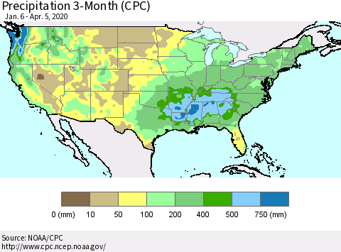United States Precipitation 3-Month (CPC) Thematic Map For 1/6/2020 - 4/5/2020