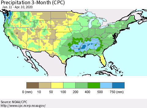 United States Precipitation 3-Month (CPC) Thematic Map For 1/11/2020 - 4/10/2020