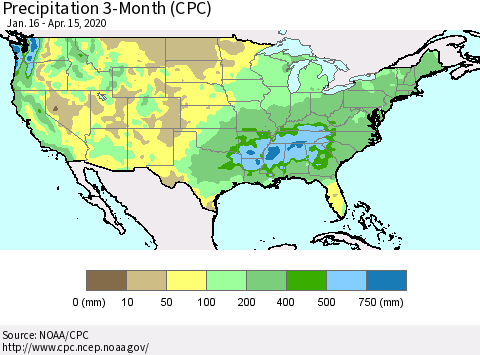 United States Precipitation 3-Month (CPC) Thematic Map For 1/16/2020 - 4/15/2020
