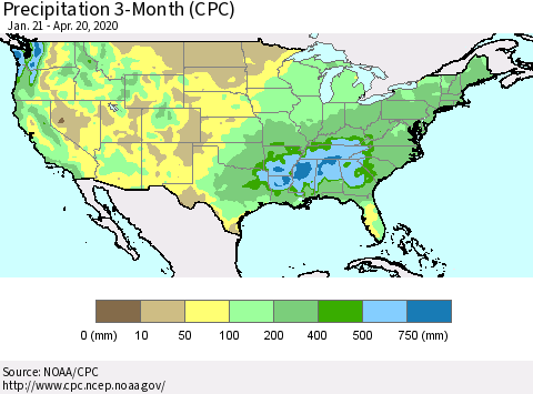 United States Precipitation 3-Month (CPC) Thematic Map For 1/21/2020 - 4/20/2020
