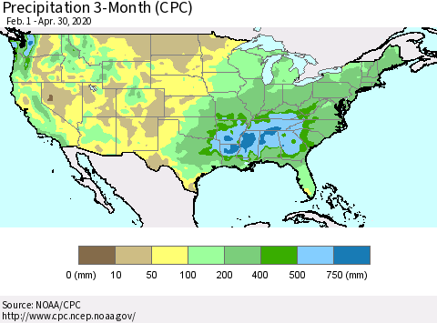 United States Precipitation 3-Month (CPC) Thematic Map For 2/1/2020 - 4/30/2020