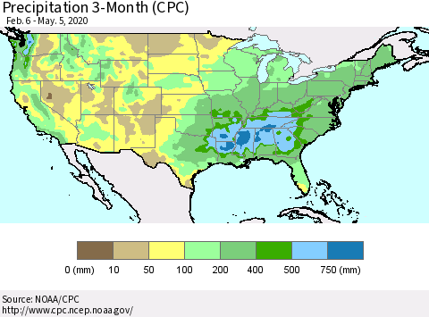 United States Precipitation 3-Month (CPC) Thematic Map For 2/6/2020 - 5/5/2020