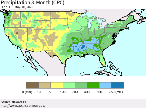 United States Precipitation 3-Month (CPC) Thematic Map For 2/11/2020 - 5/10/2020
