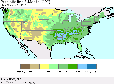 United States Precipitation 3-Month (CPC) Thematic Map For 2/26/2020 - 5/25/2020