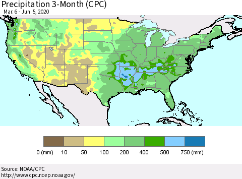 United States Precipitation 3-Month (CPC) Thematic Map For 3/6/2020 - 6/5/2020