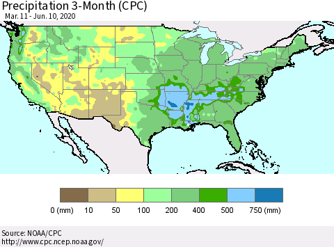 United States Precipitation 3-Month (CPC) Thematic Map For 3/11/2020 - 6/10/2020