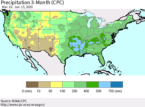 United States Precipitation 3-Month (CPC) Thematic Map For 3/16/2020 - 6/15/2020
