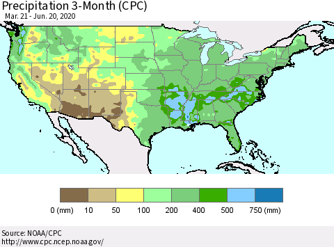 United States Precipitation 3-Month (CPC) Thematic Map For 3/21/2020 - 6/20/2020