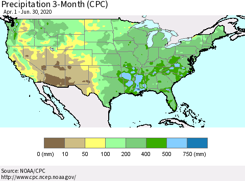 United States Precipitation 3-Month (CPC) Thematic Map For 4/1/2020 - 6/30/2020