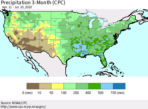 United States Precipitation 3-Month (CPC) Thematic Map For 4/11/2020 - 7/10/2020