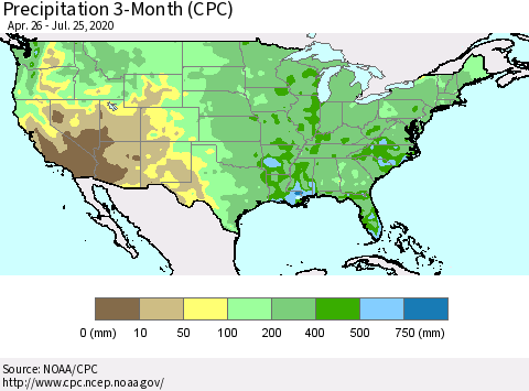 United States Precipitation 3-Month (CPC) Thematic Map For 4/26/2020 - 7/25/2020