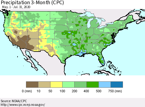 United States Precipitation 3-Month (CPC) Thematic Map For 5/1/2020 - 7/31/2020