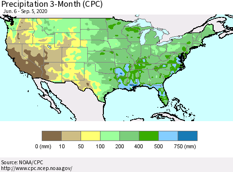 United States Precipitation 3-Month (CPC) Thematic Map For 6/6/2020 - 9/5/2020