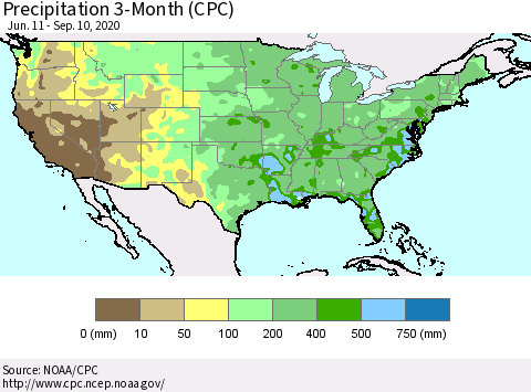 United States Precipitation 3-Month (CPC) Thematic Map For 6/11/2020 - 9/10/2020
