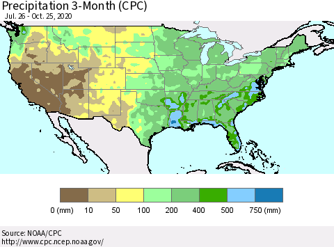 United States Precipitation 3-Month (CPC) Thematic Map For 7/26/2020 - 10/25/2020