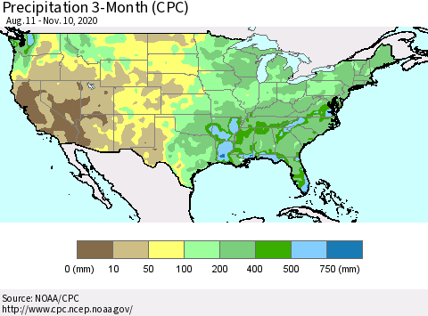 United States Precipitation 3-Month (CPC) Thematic Map For 8/11/2020 - 11/10/2020